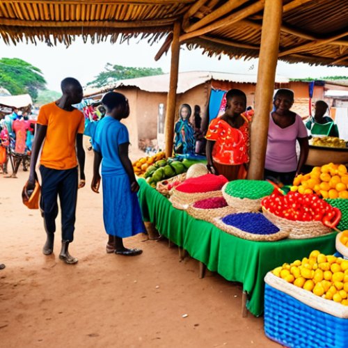 Home 11 A vibrant Beninese marketplace bustling with activity, showcasing colorful textiles, fresh produce, and local crafts. Capture the energy and cultural richness of the scene.
