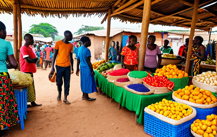 A vibrant Beninese marketplace bustling with activity, showcasing colorful textiles, fresh produce, and local crafts. Capture the energy and cultural richness of the scene.