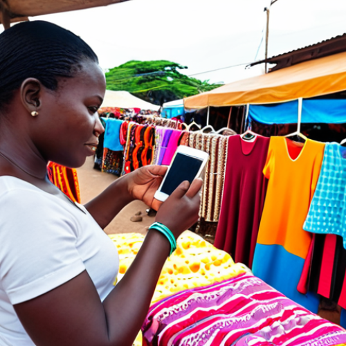 Home 6 **
A vibrant open-air market in Cotonou, Benin. Focus on a small business owner, a woman, using her smartphone to display colorful fabrics or clothing to a customer. The scene should capture the energy of the market, highlighting the blend of traditional commerce and modern mobile technology. In the background, other vendors can be seen using mobile phones for transactions. Focus on bright, warm lighting.
**