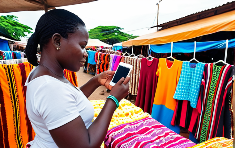 **
A vibrant open-air market in Cotonou, Benin. Focus on a small business owner, a woman, using her smartphone to display colorful fabrics or clothing to a customer. The scene should capture the energy of the market, highlighting the blend of traditional commerce and modern mobile technology. In the background, other vendors can be seen using mobile phones for transactions. Focus on bright, warm lighting.
**