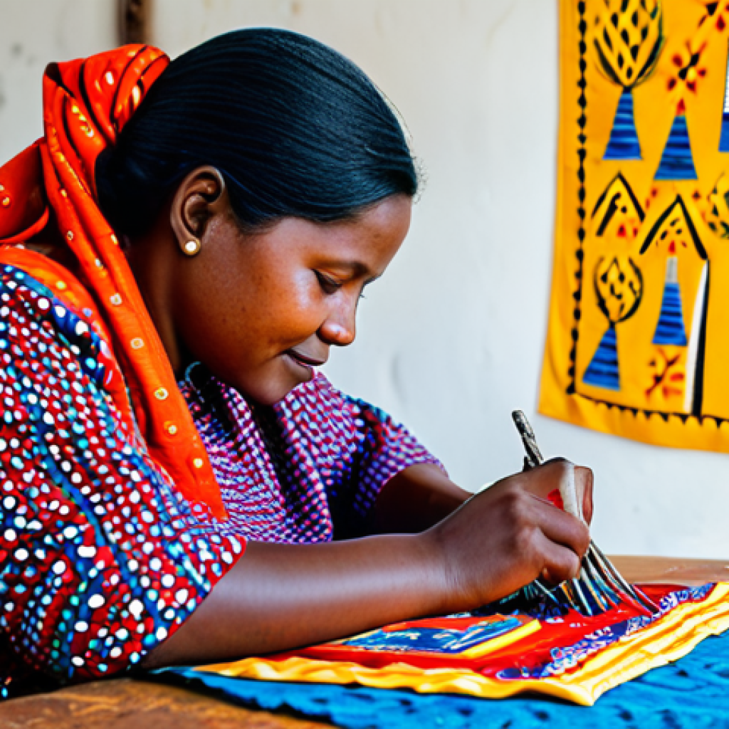 A skilled Beninese female artisan, fully clothed in vibrant, modest traditional attire, professional dress, diligently working on an intricate appliqué textile banner. She is seated at a sturdy wooden work table in a clean, sunlit studio, surrounded by bolts of colorful fabric and small cutting tools. The large banner features abstract, cultural motifs in bright yellows, blues, and reds, meticulously stitched to depict a storytelling scene. The image is captured with professional photography, showcasing exceptional detail and vibrant colors under soft, natural lighting. safe for work, appropriate content, fully clothed, modest, perfect anatomy, correct proportions, natural pose, well-formed hands, proper finger count, natural body proportions.