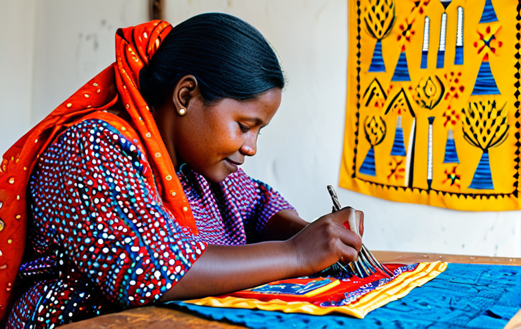 A skilled Beninese female artisan, fully clothed in vibrant, modest traditional attire, professional dress, diligently working on an intricate appliqué textile banner. She is seated at a sturdy wooden work table in a clean, sunlit studio, surrounded by bolts of colorful fabric and small cutting tools. The large banner features abstract, cultural motifs in bright yellows, blues, and reds, meticulously stitched to depict a storytelling scene. The image is captured with professional photography, showcasing exceptional detail and vibrant colors under soft, natural lighting. safe for work, appropriate content, fully clothed, modest, perfect anatomy, correct proportions, natural pose, well-formed hands, proper finger count, natural body proportions.