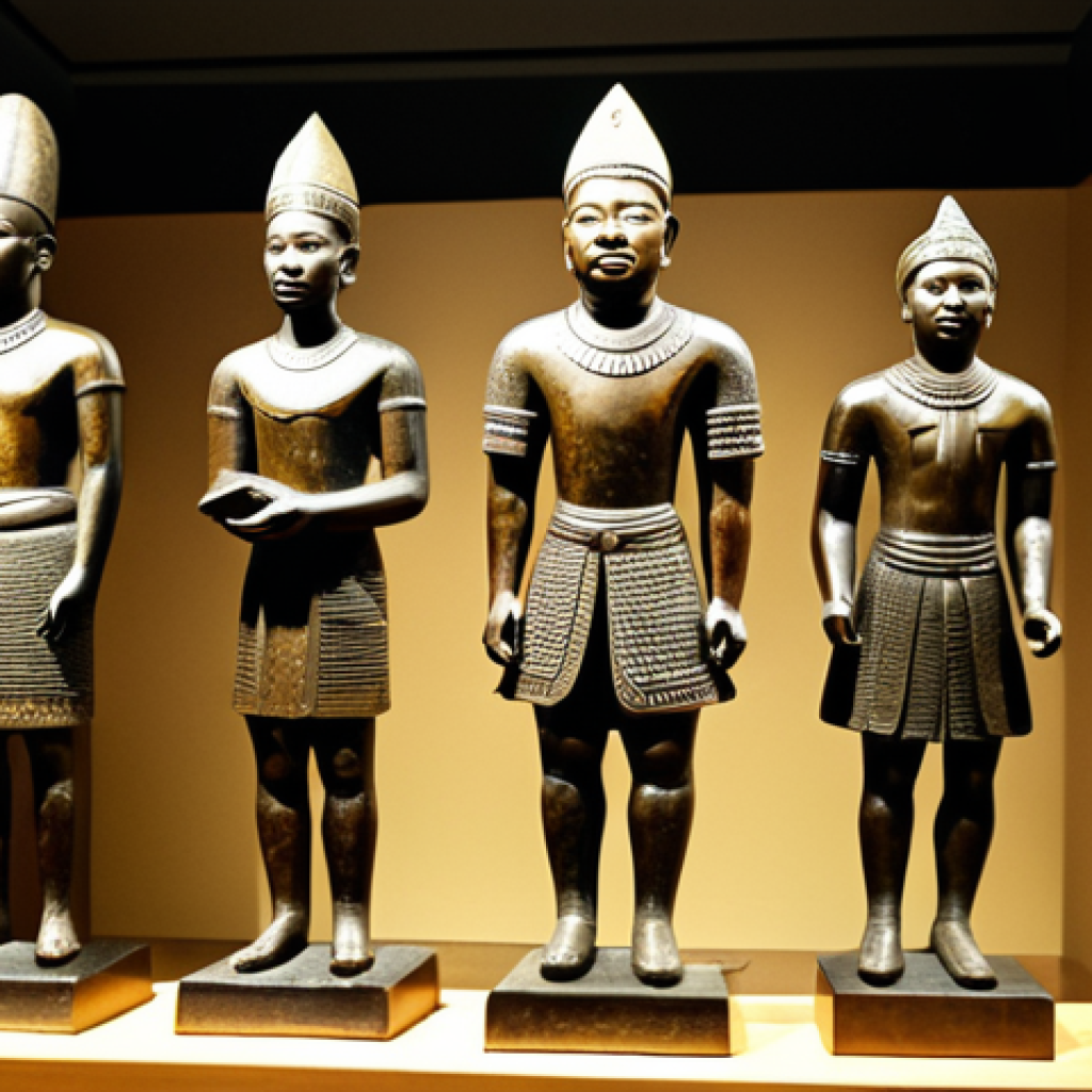 Benin Bronze Casting Display**
"A museum display showcasing a collection of Benin bronze castings, depicting scenes of court life and historical events. The bronzes are intricately detailed and bathed in soft, ambient light. Background includes subtle museum textures and informative placards. safe for work, appropriate content, fully clothed figures depicted in the castings, perfect anatomy, correct proportions, natural pose, professional museum photography, high quality, professional."
**