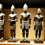 Benin Bronze Casting Display**
"A museum display showcasing a collection of Benin bronze castings, depicting scenes of court life and historical events. The bronzes are intricately detailed and bathed in soft, ambient light. Background includes subtle museum textures and informative placards. safe for work, appropriate content, fully clothed figures depicted in the castings, perfect anatomy, correct proportions, natural pose, professional museum photography, high quality, professional."
**