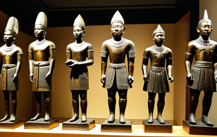 Benin Bronze Casting Display**
"A museum display showcasing a collection of Benin bronze castings, depicting scenes of court life and historical events. The bronzes are intricately detailed and bathed in soft, ambient light. Background includes subtle museum textures and informative placards. safe for work, appropriate content, fully clothed figures depicted in the castings, perfect anatomy, correct proportions, natural pose, professional museum photography, high quality, professional."
**