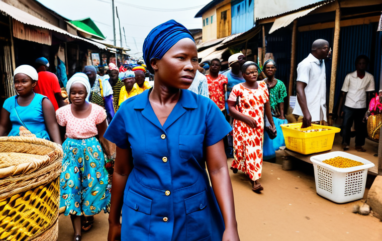 "A professional female tourist, fully clothed in modest travel attire, carefully navigating the Dantokpa Market in Cotonou, Benin, appropriate content, safe for work, perfect anatomy, natural proportions, vibrant colors, crowded market scene, well-formed hands, proper finger count, professional photography, high quality, family-friendly."