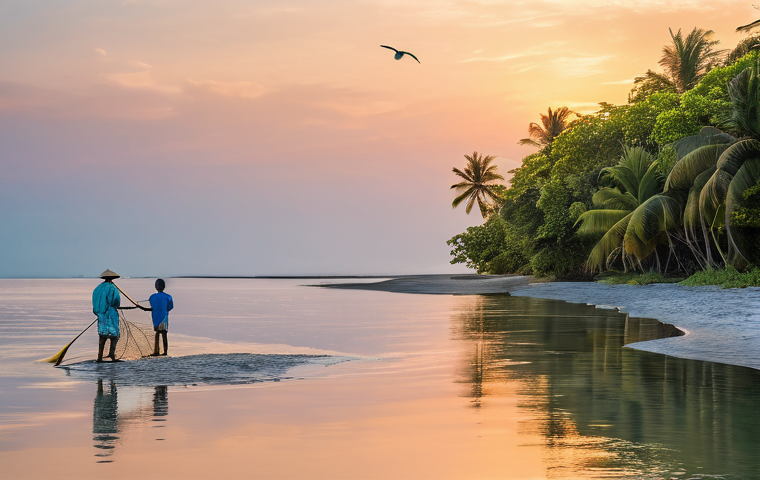 베냉 해변과 휴양지 - **Prompt: Grand Popo's Serene Coastal Life**
"A wide-angle, highly detailed photograph capturing...