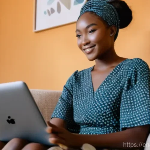 Home 16 베냉에서 한국 제품 구입 방법 - "A stylish young woman, approximately 20-25 years old, with beautiful dark skin, is comfortably seat...