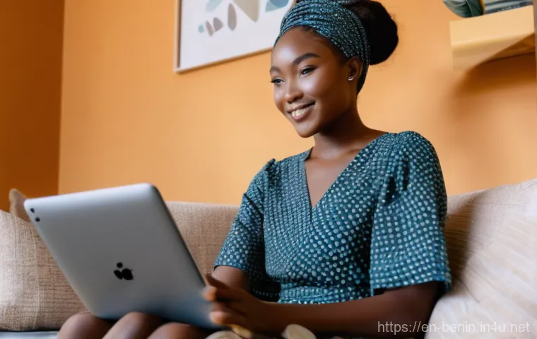 베냉에서 한국 제품 구입 방법 - "A stylish young woman, approximately 20-25 years old, with beautiful dark skin, is comfortably seat...