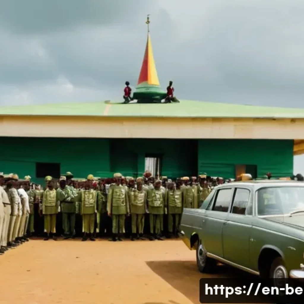 베냉 쿠데타 역사 - A detailed historical scene depicting the 1963 military coup in Benin: military officers in olive-gr...
