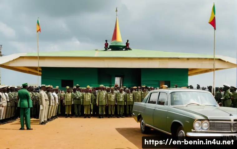 베냉 쿠데타 역사 - A detailed historical scene depicting the 1963 military coup in Benin: military officers in olive-gr...