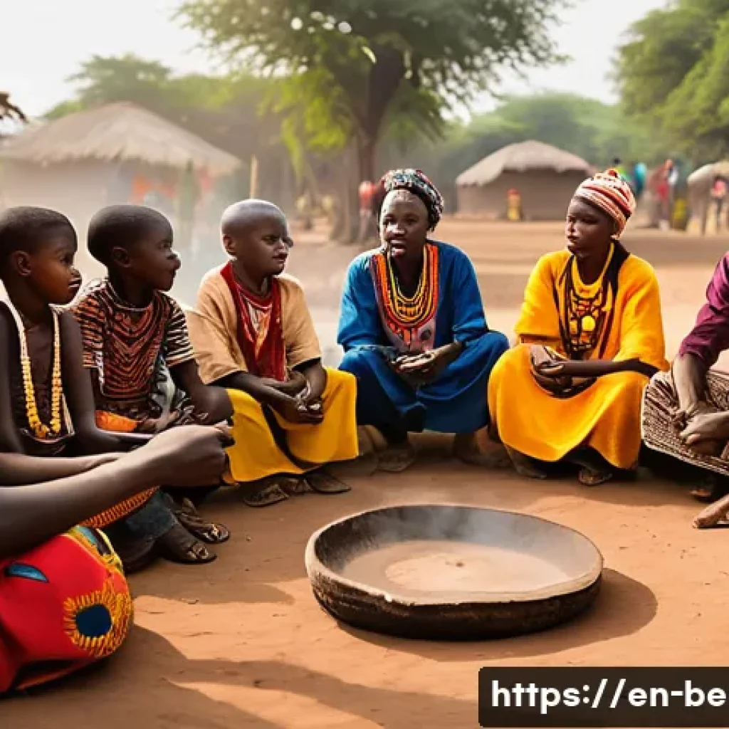베냉의 문학과 시인 - A vibrant communal storytelling scene in a traditional Beninese village setting at dusk, featuring a...
