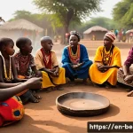 베냉의 문학과 시인 - A vibrant communal storytelling scene in a traditional Beninese village setting at dusk, featuring a...