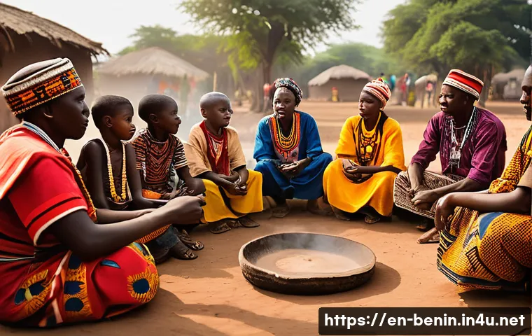 베냉의 문학과 시인 - A vibrant communal storytelling scene in a traditional Beninese village setting at dusk, featuring a...