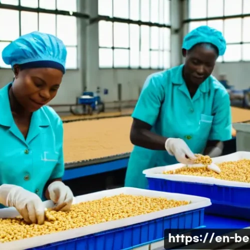 베냉의 무역과 국제 경제 협력 - A vibrant agro-processing facility in Benin showcasing workers in protective clothing and hairnets c...
