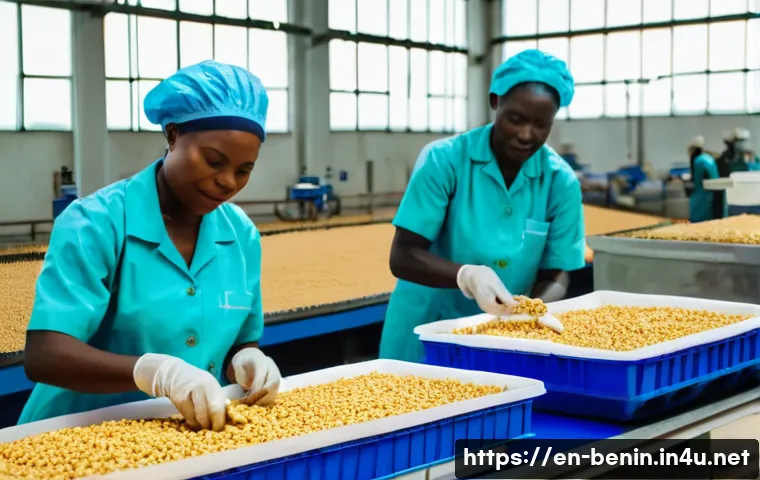 베냉의 무역과 국제 경제 협력 - A vibrant agro-processing facility in Benin showcasing workers in protective clothing and hairnets c...