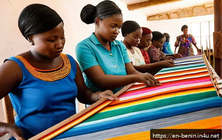 베냉의 예술가와 작가 - A vibrant artisan workshop in Cotonou, Benin, showcasing skilled craftspeople weaving traditional Ke...