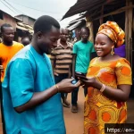 베냉의 은행 시스템과 금융 - A vibrant street market scene in Benin showing a diverse group of small business owners and customer...