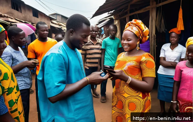베냉의 은행 시스템과 금융 - A vibrant street market scene in Benin showing a diverse group of small business owners and customer...