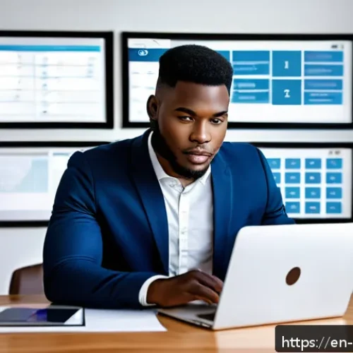 베냉에서 해외 취업 기회 - A professional young African man in a modern home office setting, working on a laptop with multiple ...