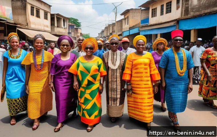 베냉 독립기념일 행사 - A vibrant street scene during Benin&rsquo;s Independence Day celebration showcasing a diverse group of peo...