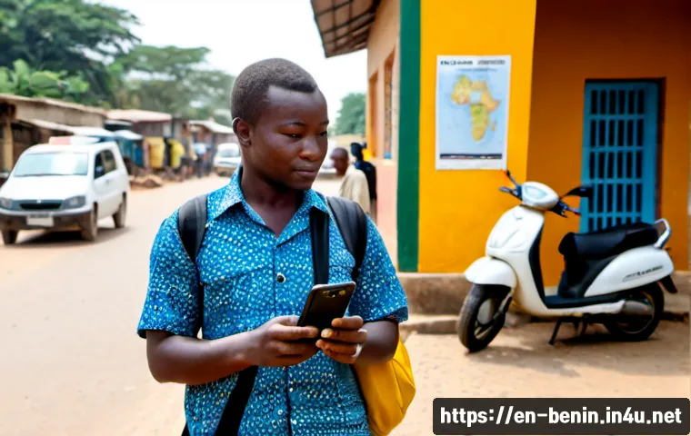 Home 17 베냉에서 안전하게 여행하는 법 - Photorealistic travel safety scene in Cotonou, Benin: a relaxed adult traveler in modest casual clot...