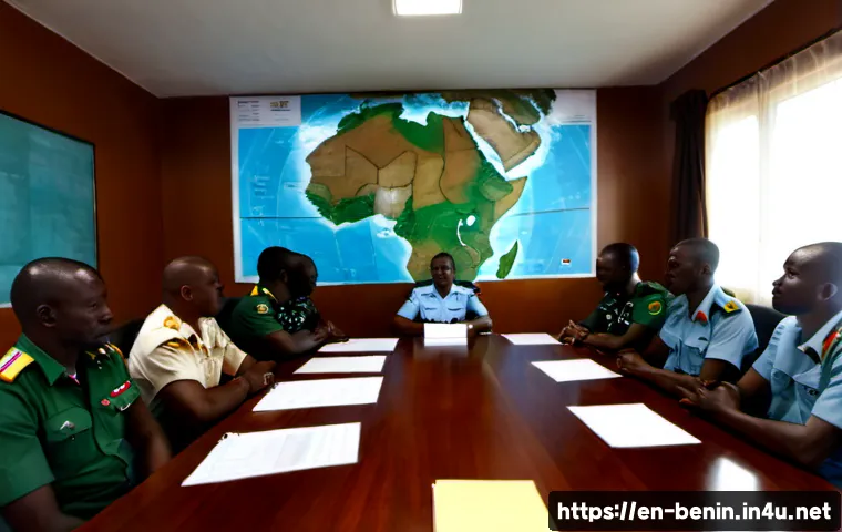 베냉 군사 정책과 국방력 - Photorealistic wide-angle scene of a Beninese military policy briefing inside a modern government co...