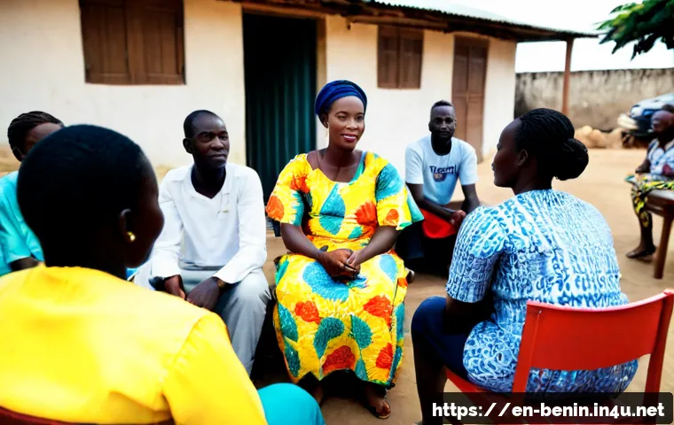 베냉의 여성 인권과 사회 변화 - Photorealistic documentary-style scene in Cotonou, Benin: a confident Beninese woman in colorful wax...