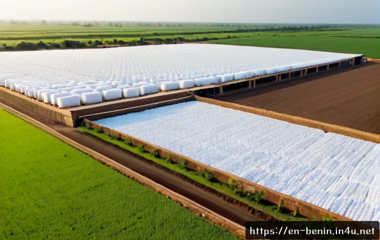 Home 17 베냉의 주요 산업과 기업 - Photorealistic aerial view of a modern cotton processing and textile industry site in Benin, West Af...